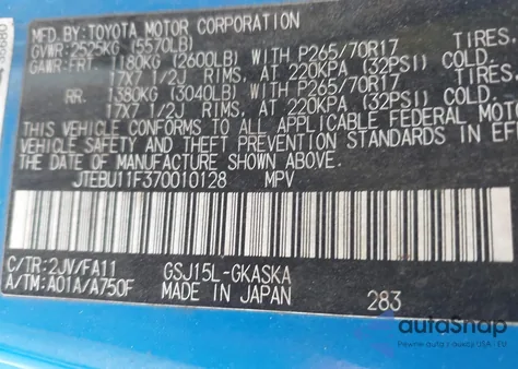 2007 Toyota Fj Cruiser from USA, damaged, VIN JTEBU11F370010128